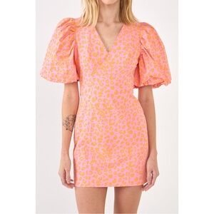NWOT - Endless Rose Pink and Orange Leopard Print Puff Sleeve Mini Dress